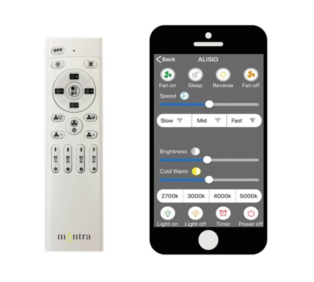 controlar el ventilador de techo ALISIO de Mantra mediante el mando a distancia o la aplicación