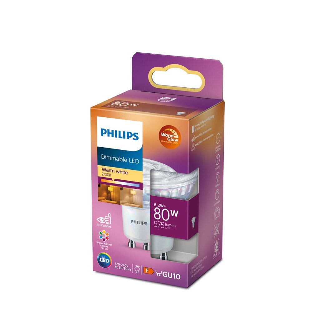 Philips LED GU10 80 Watt 2700-2200 Kelvin 575 Lumen main product photo