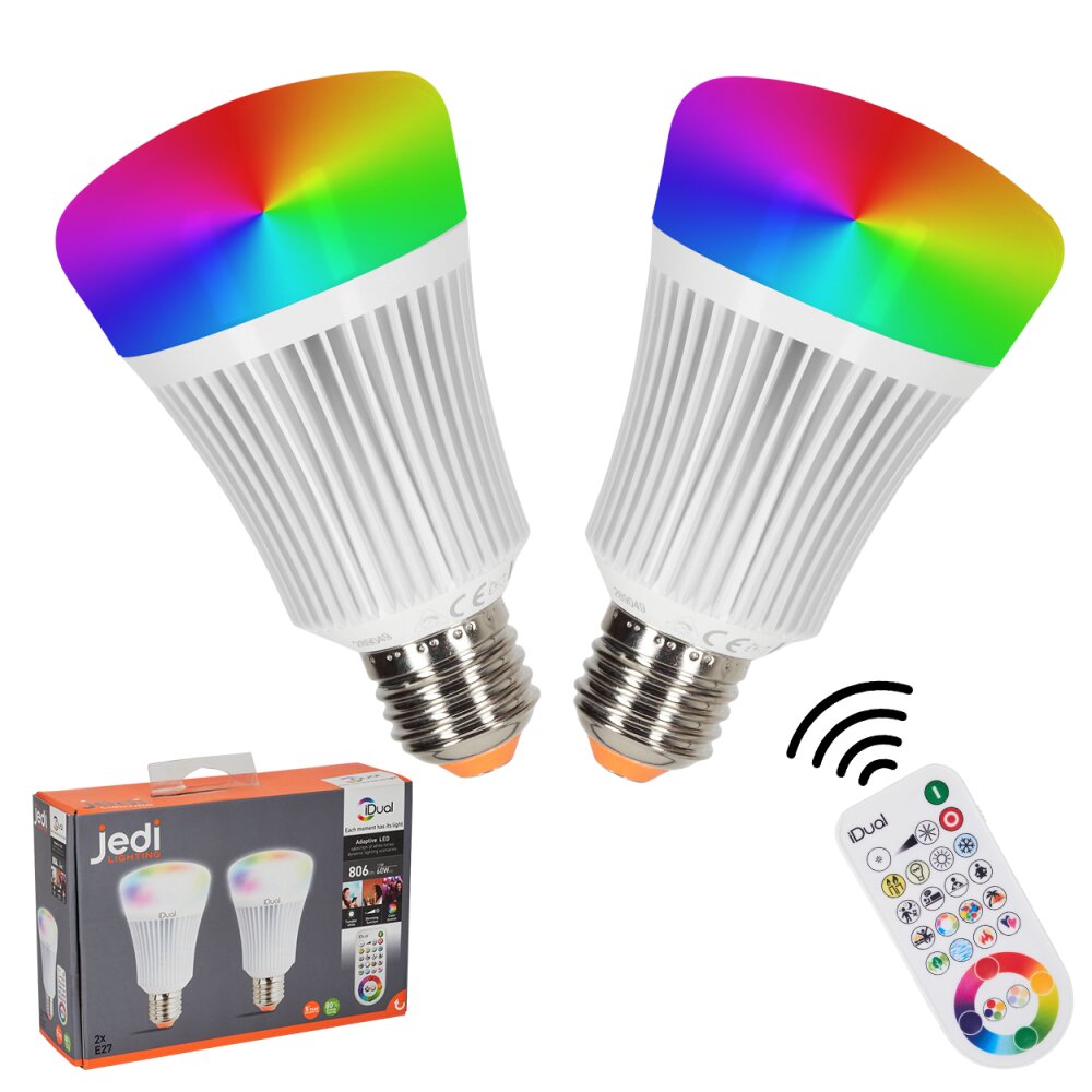 iDual E27 LED RGB 11 watt 2200-6500 Kelvin 806 lúmenes Juego de 2 con mando a distancia main product photo