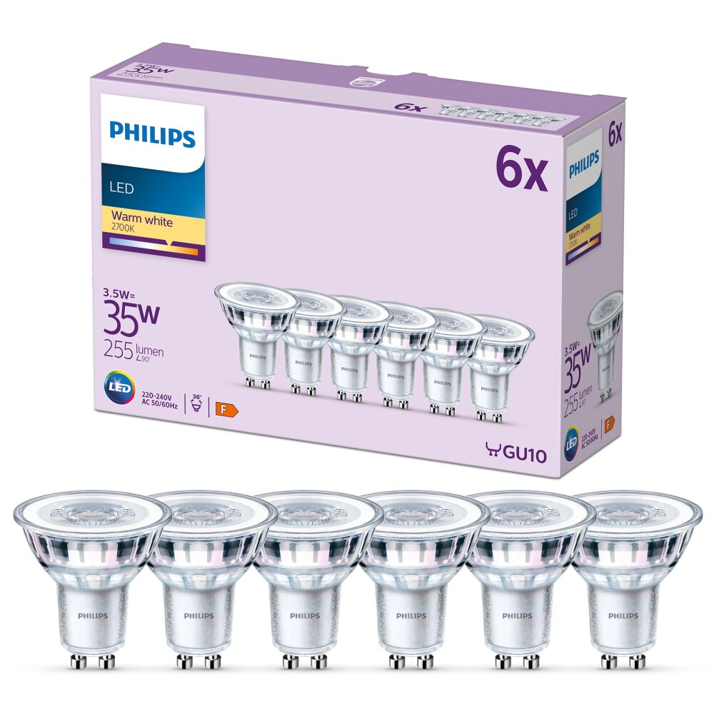 Philips Classic Juego de 6 LED GU10 de 3,5 watt 2700 Kelvin 255 Lumen main product photo