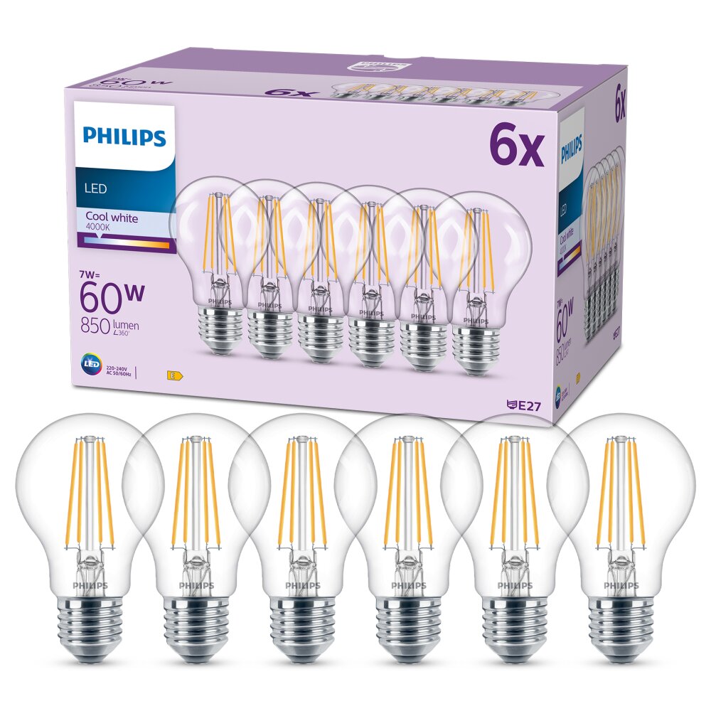 Philips Classic Juego de 6 LED E27 de 7 watt 4000 Kelvin 850 Lumen main product photo