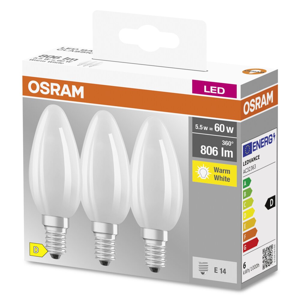 OSRAM CLASSIC B Juego de 3 LED E14 5,5 watt 2700 Kelvin 806 Lumen main product photo