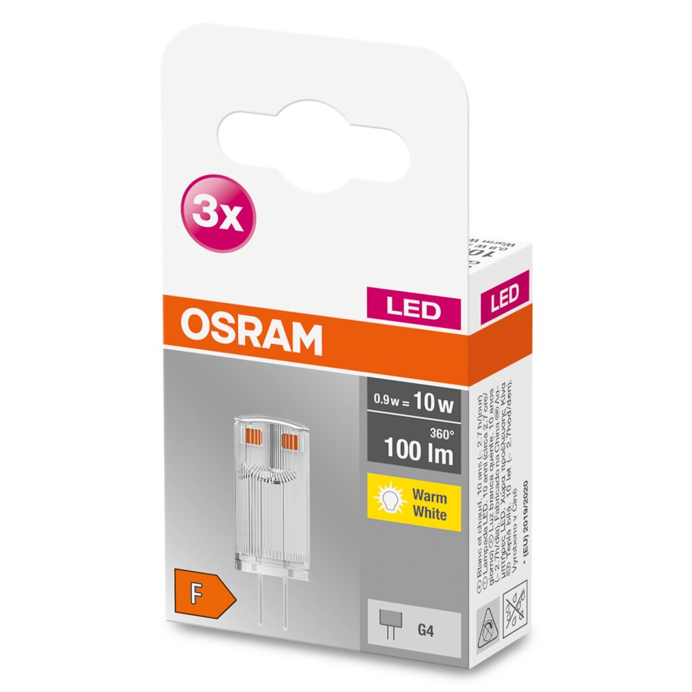 OSRAM LED BASE PIN Juego de 3 G4 0,9 watt 2700 Kelvin 100 Lumen main product photo