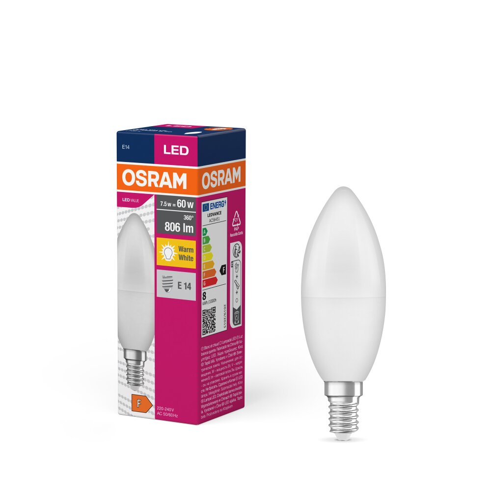 Lámparas Osram E14 LED 7.5 Watt blanco cálido 806 Lumen main product photo
