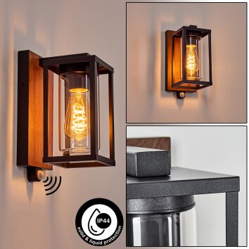 Portalis Aplique de exterior Marrón, Color madera, Negro, 1 luz, Sensor de movimiento