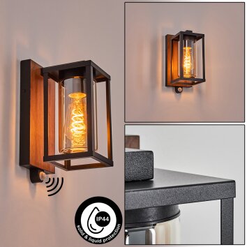 Portalis Aplique de exterior Marrón, Color madera, Negro, 1 luz, Sensor de movimiento