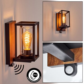 Portalis Aplique de exterior Marrón, Color madera, Negro, 1 luz, Sensor de movimiento