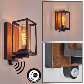 Portalis Aplique de exterior Marrón, Color madera, Negro, 1 luz, Sensor de movimiento