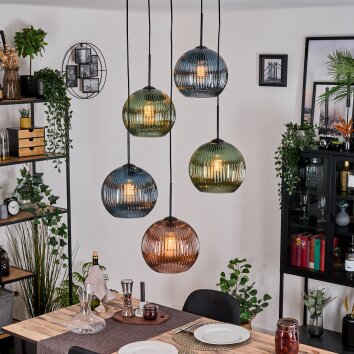 Koyoto Lámparas suspendidas, Luminarias esféricas, Lámpara colgante de clúster Azul, Verde, Color cobre, 5 luces