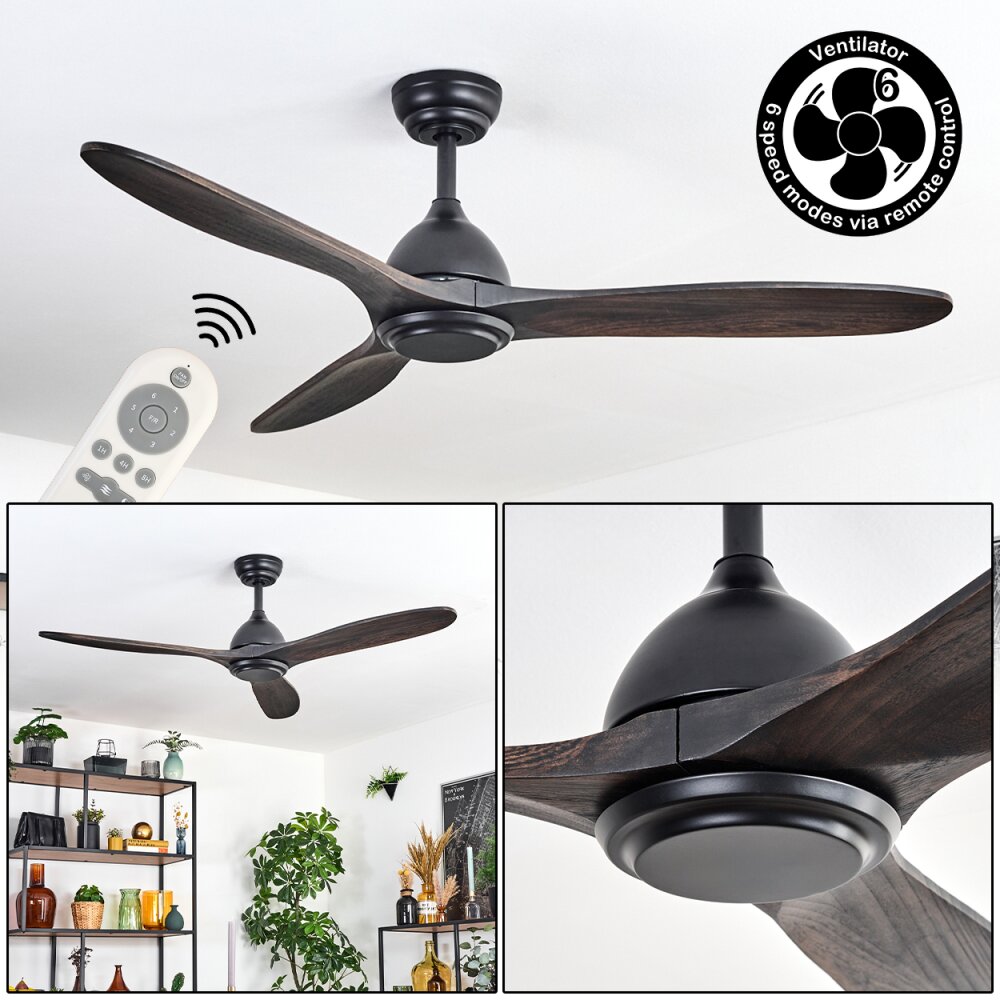 Mosstena lámpara ventilador de techo Madera oscura, Negro, Mando a distancia main product photo