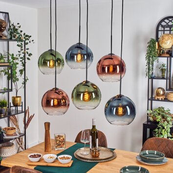 Koyoto Lámparas suspendidas, Luminarias esféricas, Lámparas colgantes Azul, Verde, Transparente, Color cobre, 6 luces