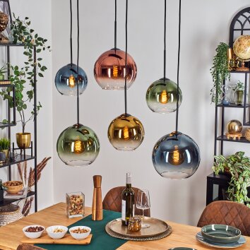 Koyoto Lámparas suspendidas, Luminarias esféricas, Lámparas colgantes Azul, dorado, Verde, Transparente, Color cobre, 6 luces