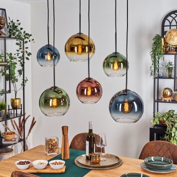 Koyoto Lámparas suspendidas, Luminarias esféricas, Lámparas colgantes Azul, dorado, Verde, Transparente, Color cobre, 6 luces