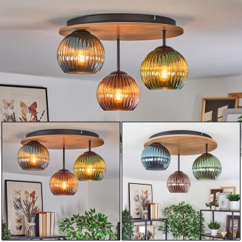 Koyoto Plafones, Luminarias esféricas 40 cm Marrón, Color madera, Negro, 3 luces