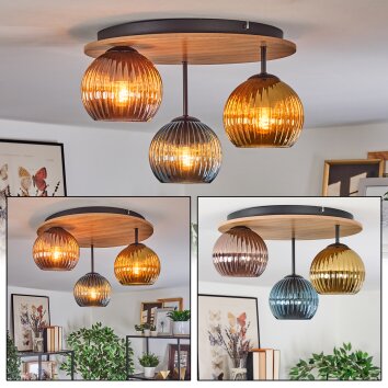 Koyoto Plafones, Luminarias esféricas 40 cm Marrón, Color madera, Negro, 3 luces