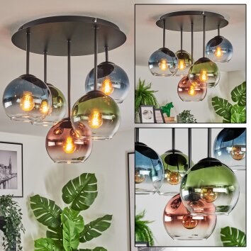 Koyoto Plafones, Luminarias esféricas Azul, Verde, Transparente, Color cobre, 5 luces