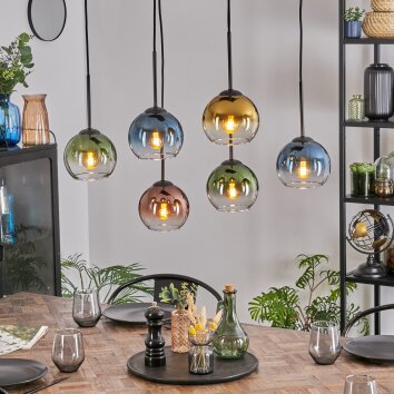 Koyoto Lámparas suspendidas, Luminarias esféricas, Lámparas colgantes Azul, dorado, Verde, Transparente, Color cobre, 6 luces