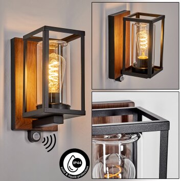 Portalis Aplique de exterior, Apliques Color madera, Negro, 1 luz, Sensor de movimiento