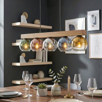 Koyoto lámpara colgante de madera para comedor, 5 luces, globos de vidrio, 95 cm