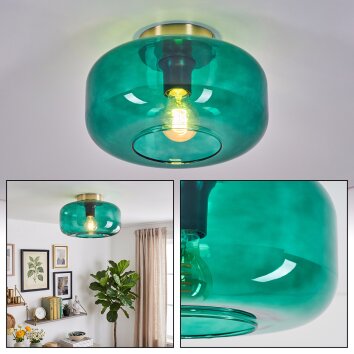 Plafón Boza retro con pantalla redonda de vidrio verde, diámetro 28 cm