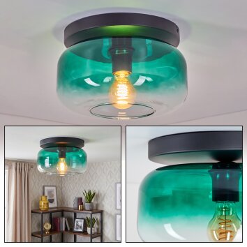 Boza plafón de techo vintage con pantalla de cristal verde, redondo Ø 28 cm