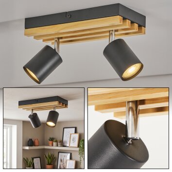 Plafón de techo con focos orientables Velani LED, listones de madera, 2 focos negros