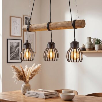 Oravi lámpara colgante con barra de madera 3 luces E27, largo 60 cm