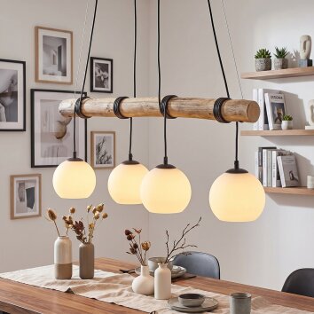 Lámpara suspendida Koyoto, barra de madera, regulable al montar 4 pantallas de vidrio blanco
