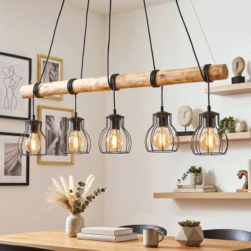 Lámpara colgante Gondo para mesa de comedor, barra de madera, 5 pantallas jaula negras