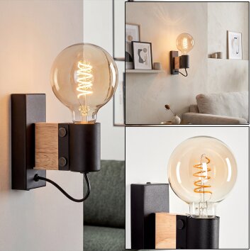 Aplique de pared moderno Lemou con detalle de madera y casquillo E27 abierto
