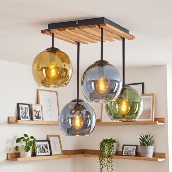 Plafón con esferas de vidrio Koyoto, panel de listones, para la mesa del comedor