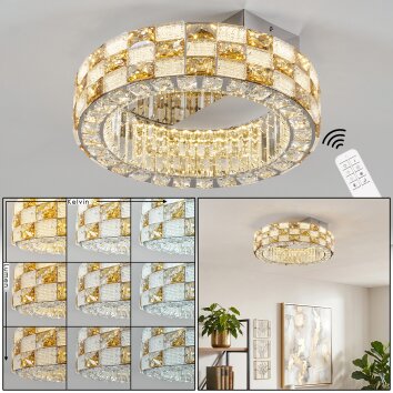 Plafón LED Seloria, luz regulable 2700-6000 Kelvin, aro con cristales ámbar y claros