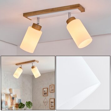Spot de techo Alvorn con barra rectangular de madera, pantallas de vidrio blancas orientables