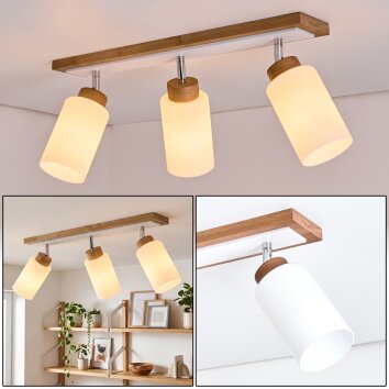 Plafón de techo Alvorn escandinavo con barra de madera y tres focos orientables