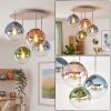 Plafón de esferas Gastor moderno con 4 globos de vidrio en azul, verde, transparente y cobre