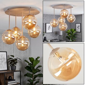 Luminaria esférica de techo moderna Chehalis arena con 5 pantallas de vidrio ámbar ø 15 cm