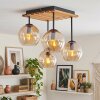 Luminaria esférica Koyoto con 4 globos de vidrio ámbar y placa de listones de madera