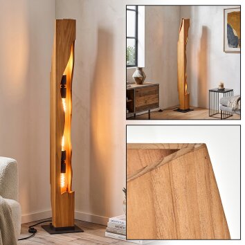 Lámpara de pie Sernadelo Boho con columna de madera ondulada en crudo, 4 luces