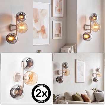 Aplique de pared Koyoto, set de 2, 3 esferas de vidrio en cromo, ahumado y ámbar