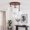Plafón Gastor boho con 4 pantallas esféricas de vidrio blanco y listones de madera