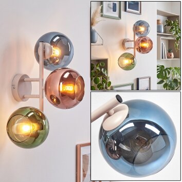 Aplique de pared retro Koyoto con 3 globos de vidrio azul, verde y cobre