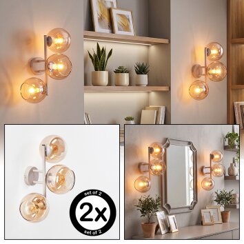 Aplique de pared Koyoto moderno, set de 2, con tres esferas verticales de vidrio ámbar