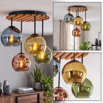 Lámpara de techo clúster Koyoto, listones de madera, globos cobre, azul, verde y dorado