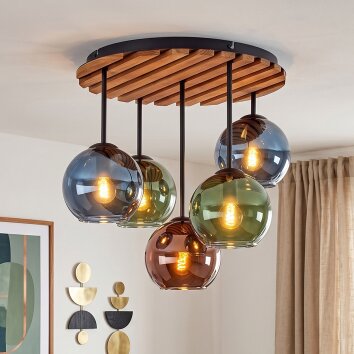 Lámpara de techo Koyoto Boho con 5 globos de vidrio azul, verde y cobre