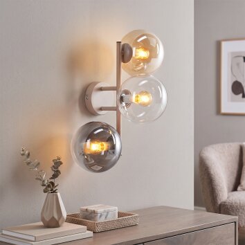 Aplique de pared Gastor moderno con 3 esferas de vidrio ahumado, ámbar y transparente