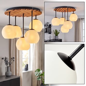 Lámpara de techo Ripoll, 5 globos de vidrio blancos, listones de madera cruda