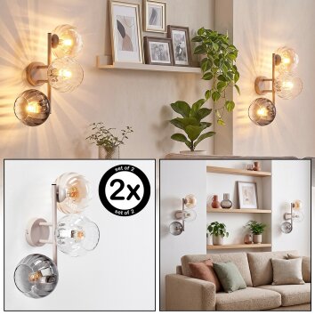 Aplique de pared Koyoto, set de 2, con 3 globos de vidrio ahumado, ámbar y transparente