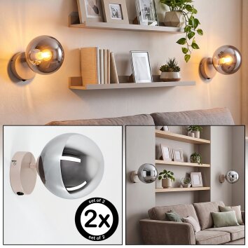Aplique de pared retro Gastor, set de 2, pantalla esférica de vidrio cromado ahumado