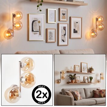 Aplique de pared retro Gastor con 3 esferas de vidrio ámbar ø 15 cm, set de 2