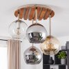 Plafón de techo de cuatro luces Koyoto con listones de madera y estructura arena, ø 39,5 cm